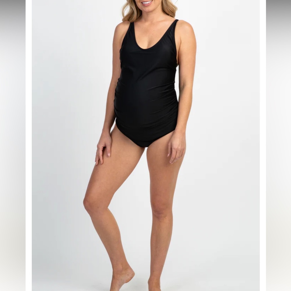 PinkBlush Maternity Scoop Front Low Back Ruched One-Piece Swimsuit